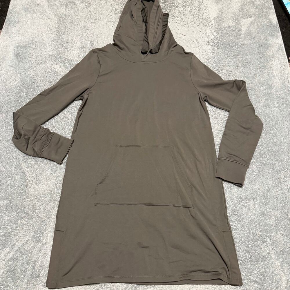 Athleta Surrey Hills Hoodie Sweatshirt Dress Olive Green Large Snap Side Slit